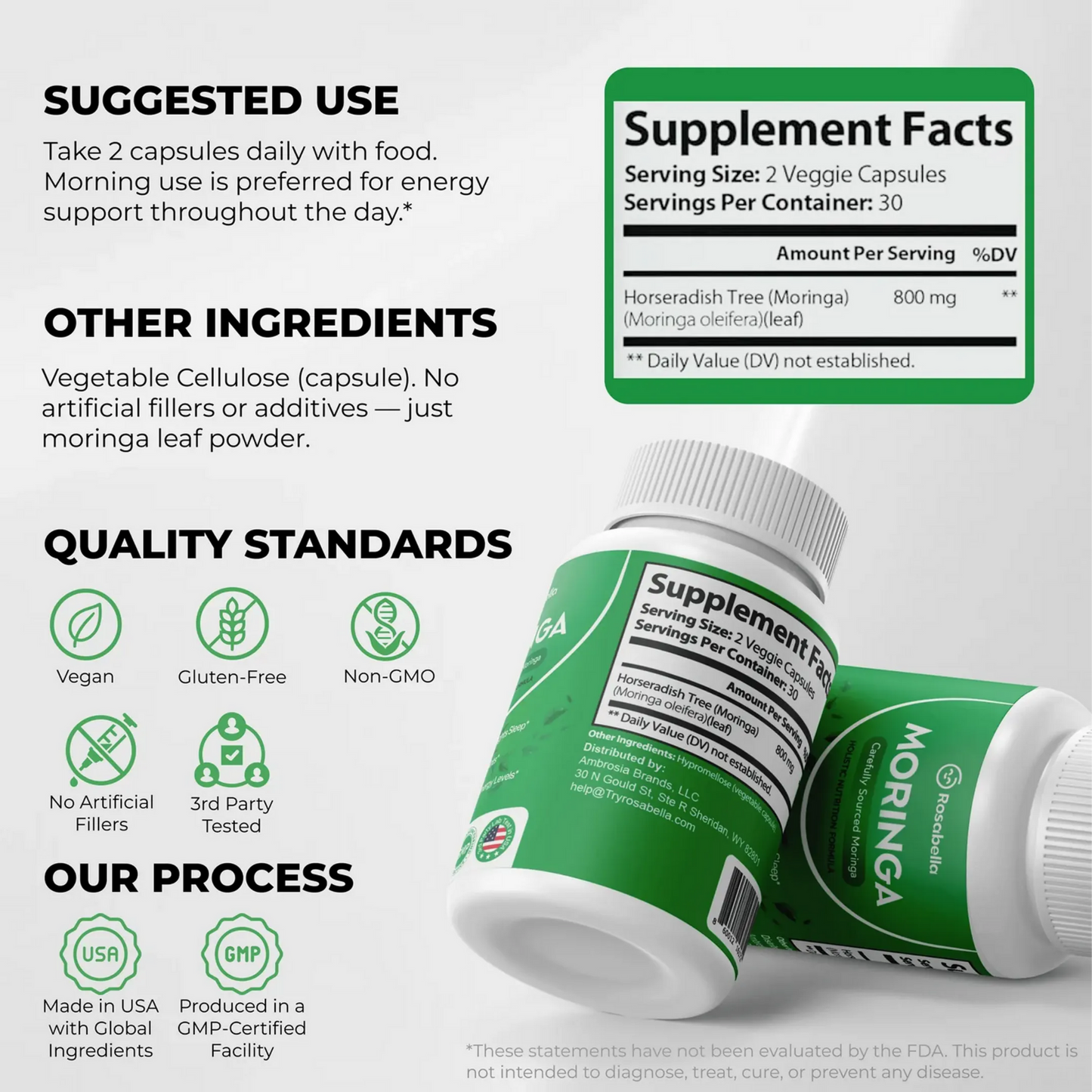 Moringa Capsules – 800mg Pure Moringa Powder Supplement – 60 Capsules for Natural Energy, Immune System, Skin & Gut Health Support, Green Antioxidant Superfood, Essential Vitamins & Amino Acids