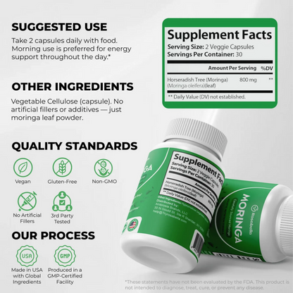Moringa Capsules – 800mg Pure Moringa Powder Supplement – 60 Capsules for Natural Energy, Immune System, Skin & Gut Health Support, Green Antioxidant Superfood, Essential Vitamins & Amino Acids