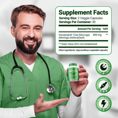 Moringa Capsules – 800mg Pure Moringa Powder Supplement – 60 Capsules for Natural Energy, Immune System, Skin & Gut Health Support, Green Antioxidant Superfood, Essential Vitamins & Amino Acids